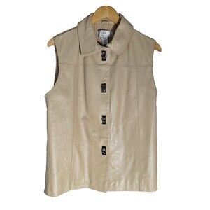 LISA INTERNATIONAL Lamb Skin Leather Sweater Vest Women's L Beige‎ Button Up Y2K
